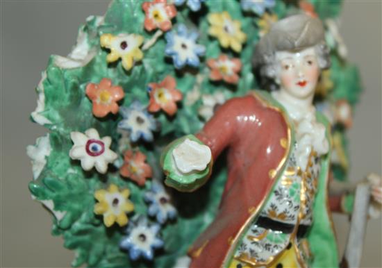 A collection of six Continental Chelsea style porcelain figures, 19th century, largest 17.5cm, smallest 10cm